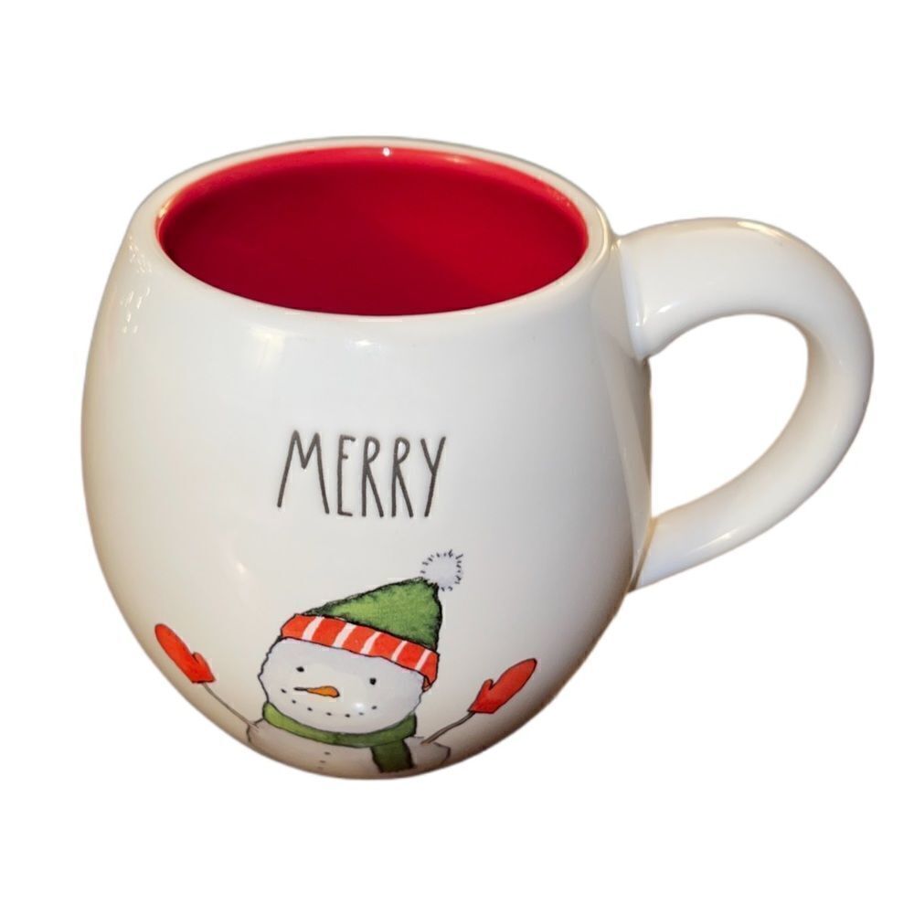 Rae Dunn MERRY Mug With Snowman Red Interior NEW